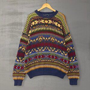 Vintage Nautica Fair Isle Crazy Multicolor Aztec Chunky Knit 90s Sweater XL